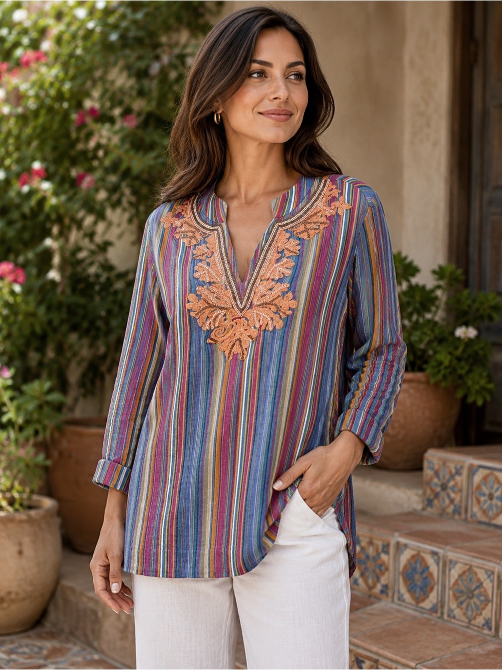 Soft Surroundings Turin Cotton Colorful Striped Beaded Tunic Top Women’s Large